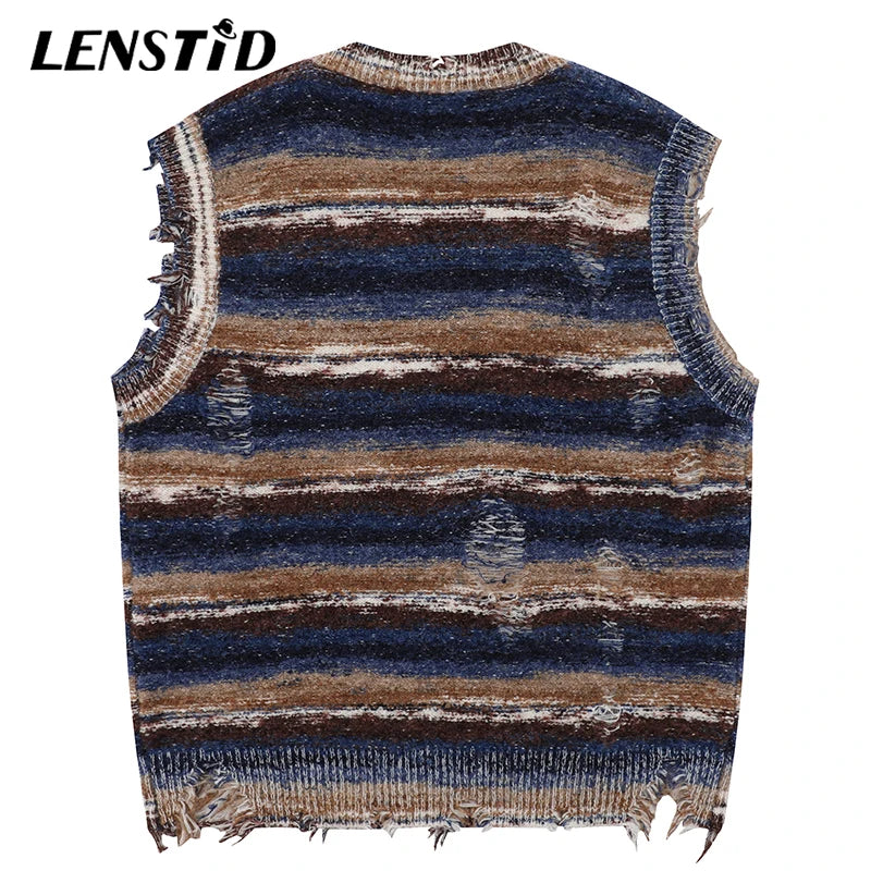 Autumn Men Sleeveless Knitted Jumper Sweaters Hip Hop Ripped Striped Knitwear Vests Streetwear Harajuku Fashion Casual Pullovers