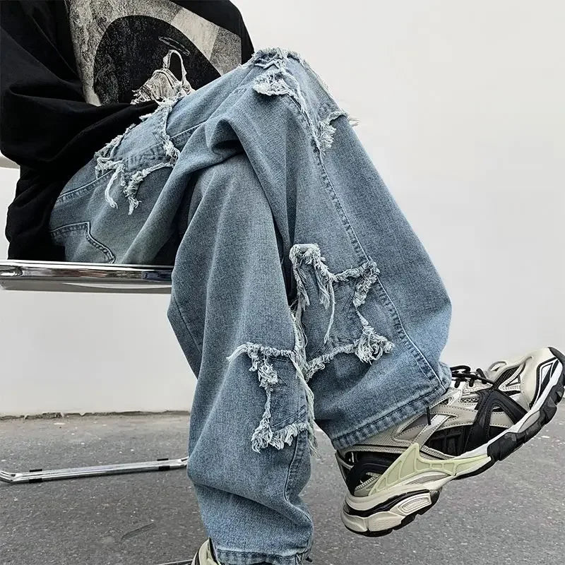 American Fashion Stars Patchwork Embroidery Jeans Oversize Baggy Men Pants Y2K Clothes Straight Hip Hop Trousers Streetwear