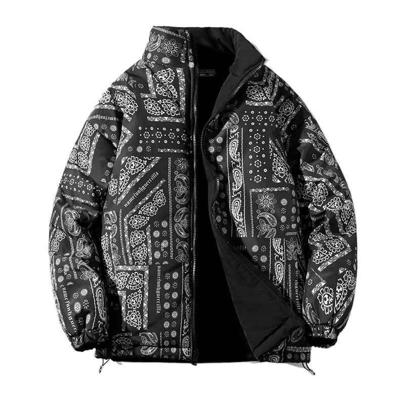 Hip Hop Paisley Puffer Jacket Winter Down Bubble Coat Double-sided Wear Warm Oversize Bandana Jacket Outerwear Unisex Parkas Top