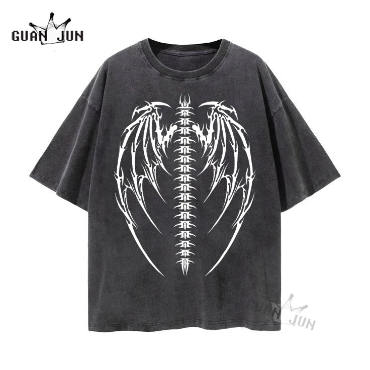 Men T Shirt Hip Hop 2022 Dark Streetwear Tshirt Devil Skull Wing Harajuku Short Sleeve T-Shirt Cotton Punk Tees Oversize Tops