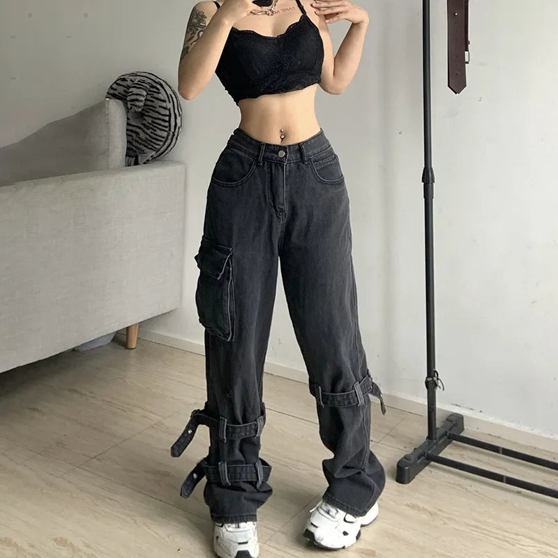 Goth Chic Low Waist Jean Retro Grunge Oversized Women's Fashion Streetwear Harajuku Strap Pocket Retro Skinny Jean denim joggers