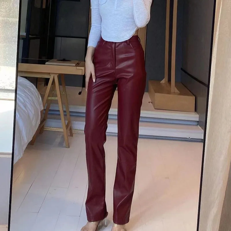 Europe, America, Autumn and Winter PU Leather Slim High Waist Straight Women Elegant Fashion Street women's Leather Pants.