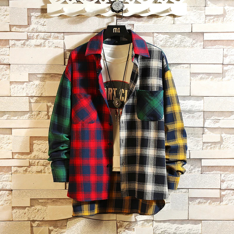 2023 Hip Hop Streetwear Patchwork Casual Plaid Shirt Mens Long Sleeve Loose Blous