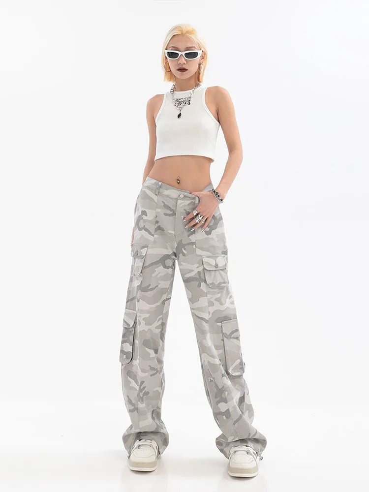 Women Casual Gray Camouflage Cargo Pants Y2K Spring Autumn 2023 Mid Waist Wide Leg Pockets Trousers Baggy Streetwear HipHop Pant