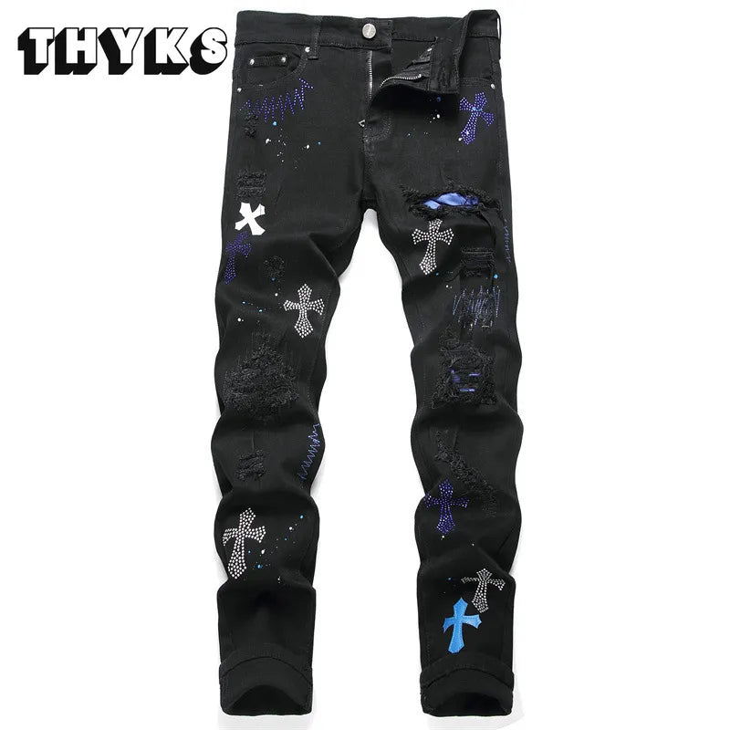 Street Y2k Jeans Men Embroidery Ripped Jean Hiphop Punk Style Streetwear Pants for Male Slim Stretch Pencil Pantalones Black New