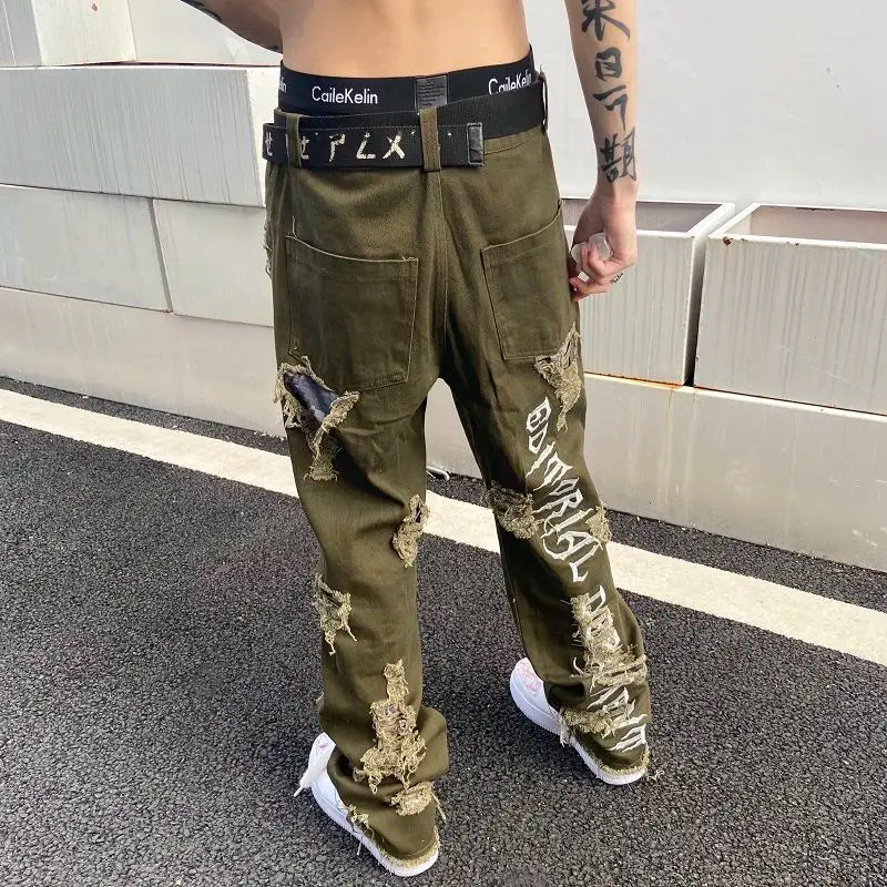 Streetwear Women and Mens Knife Ripped Jeans Embroidered Straight Loose Wide Leg Pants Hip Hop Cool Beggar Trousers Harem Pants