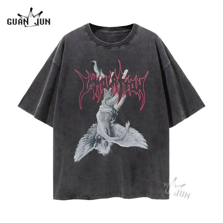 Men T Shirt Hip Hop 2022 Dark Streetwear Tshirt Devil Skull Wing Harajuku Short Sleeve T-Shirt Cotton Punk Tees Oversize Tops