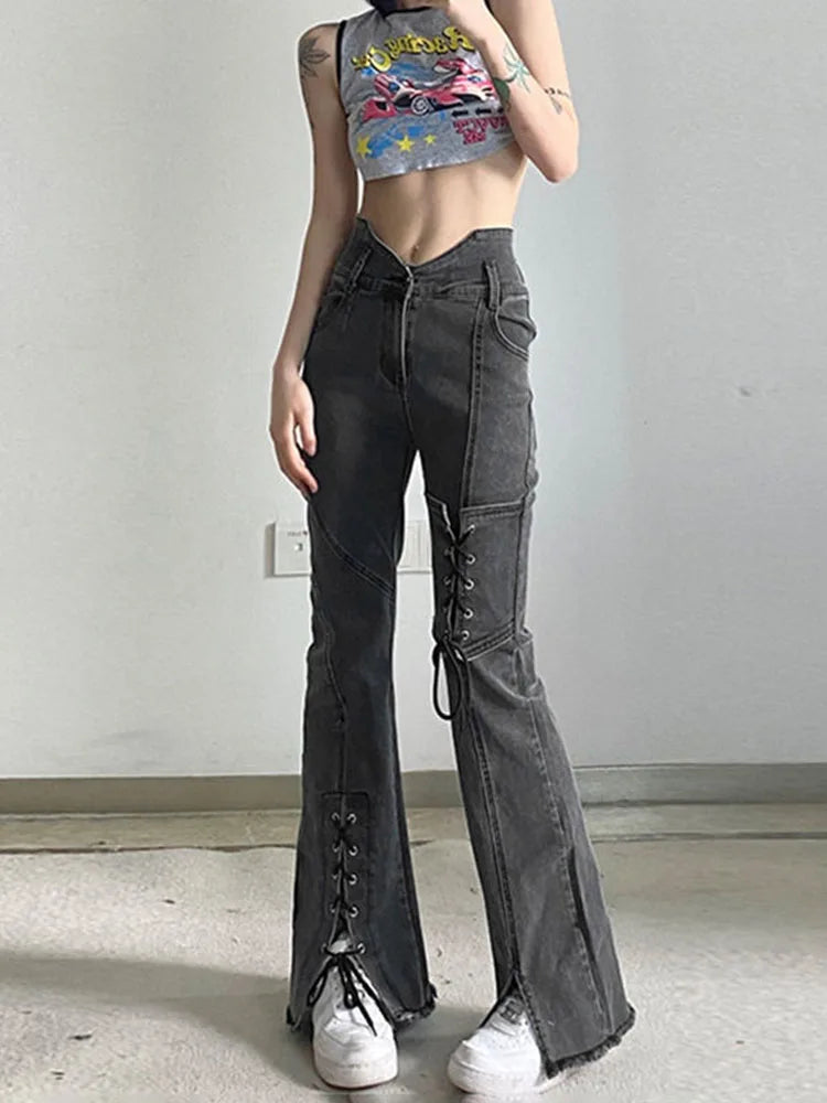 American Retro Flare Jeans Split Hem Slim Grey Bell Bottoms Women Fashion Cross Bandage Denim Trousers Hiphop High Street Kpop