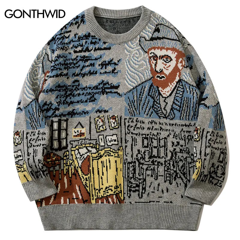 Vintage Sweater Streetwear Hip Hop Knitted Retro Van Gogh Jumper 2023 Harajuku Punk Goth Sweater Fashion Loose Pullover Y2K Blue