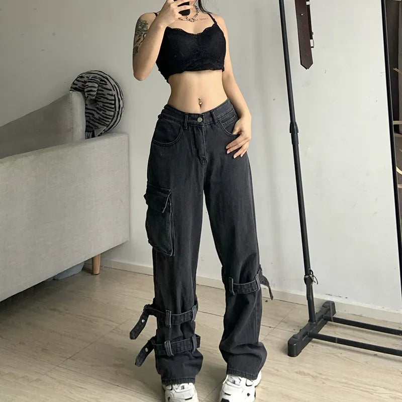 Goth Chic Low Waist Jean Retro Grunge Oversized Women's Fashion Streetwear Harajuku Strap Pocket Retro Skinny Jean denim joggers