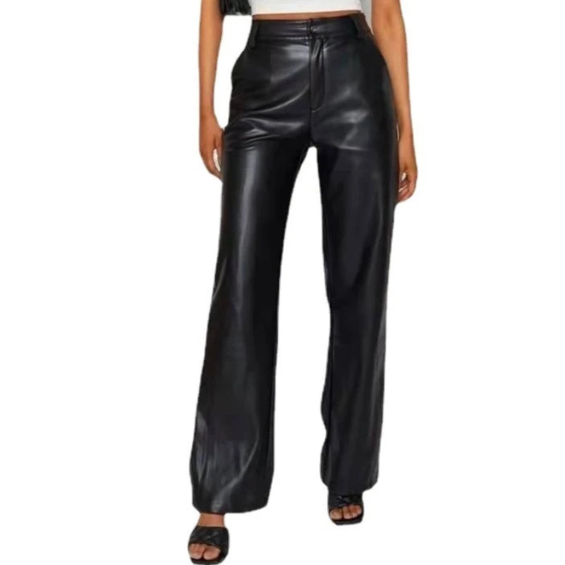 Europe, America, Autumn and Winter PU Leather Slim High Waist Straight Women Elegant Fashion Street women's Leather Pants.