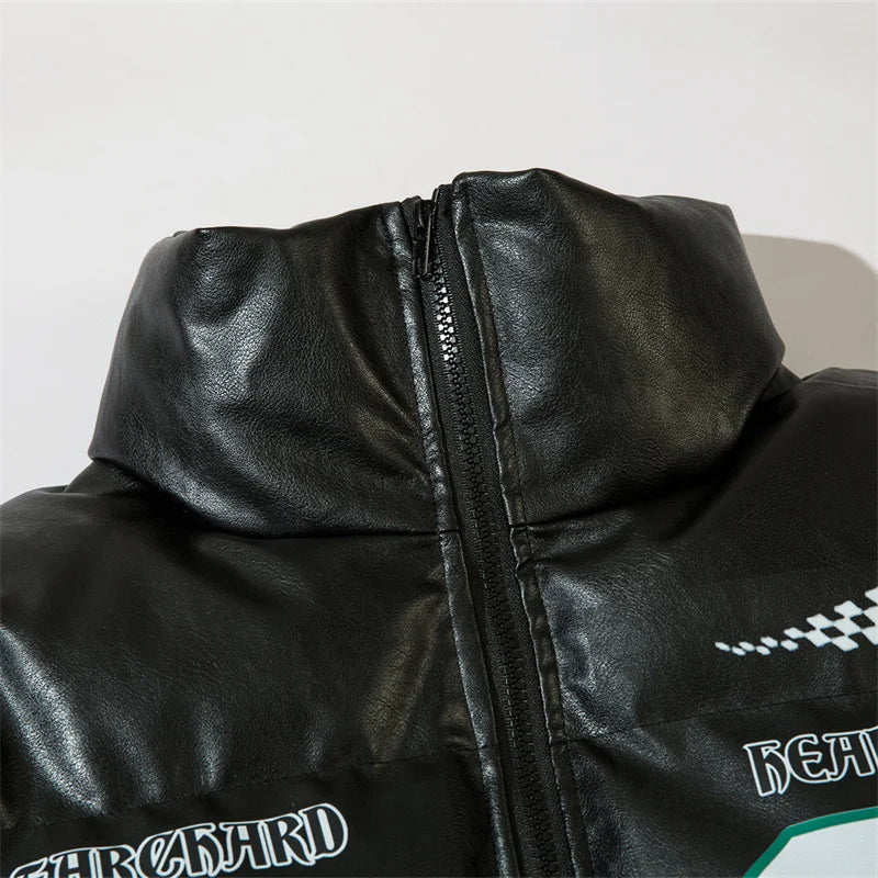 2022 Hip Hop Winter Coat Men Zip Up Leather Big Letter Printed Loose Padded Puffer Streetwear Outwear Thick Warm Fashion Jackets