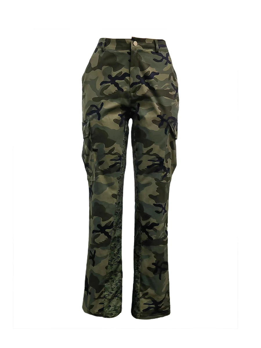 LW Plus Size Camo Print Side Pocket Cargo Pants camouflage Mid Waist Casual women Camo Pants Regular leisure lady Pants