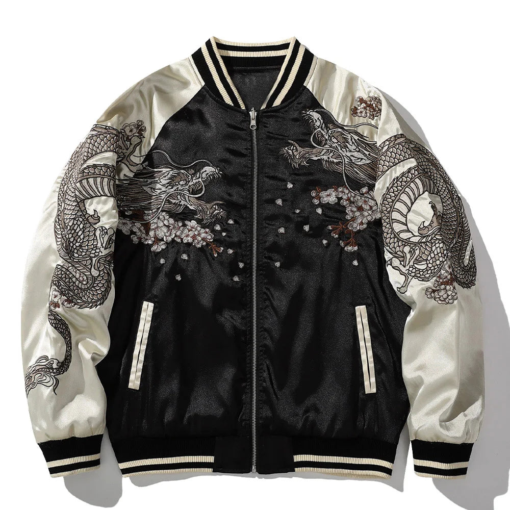 Men's Satin Jacket Hip Hop Streetwear Coats Chinese Style Dragon Embroidery Winter Jacket Parka Casual Fashion Baseball Uniform