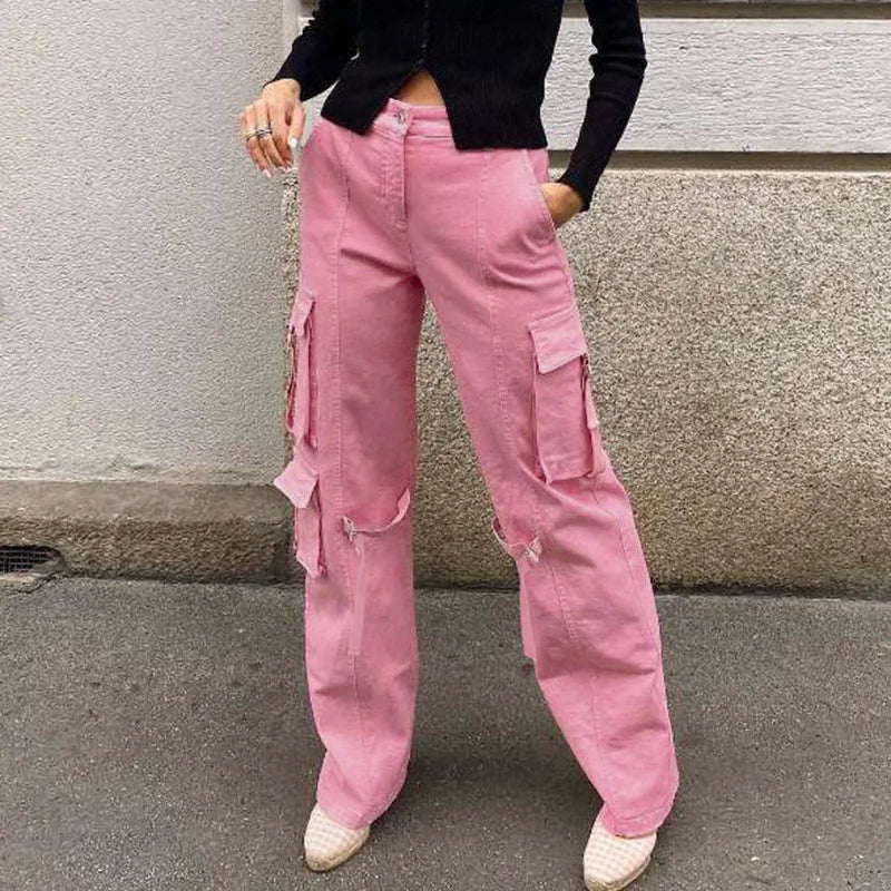 HOUZHOU Vintage Pink Cargo Pants Women Y2K Cargo Trousers Female Streerwear Hip Hop Pockets Harajuku Casual Retro Ribbon