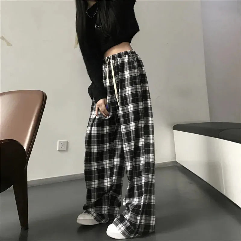 Black and White Plaid pants Oversize New Women Casual Loose Wide Leg Trousers Ins Retro Teen Straight Trousers Hiphop Streetwear