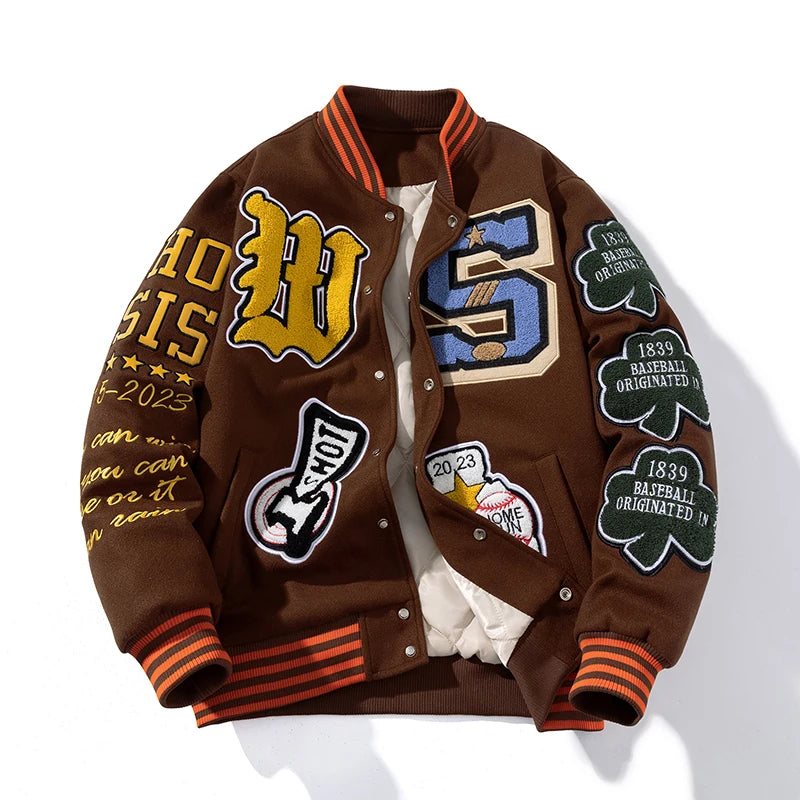 Embroidery Varsity Jacket Men Women Letter Winter American Baseball Jacket Hip Hop Woolen Coat Thick Warm Outwear Parkas Brown