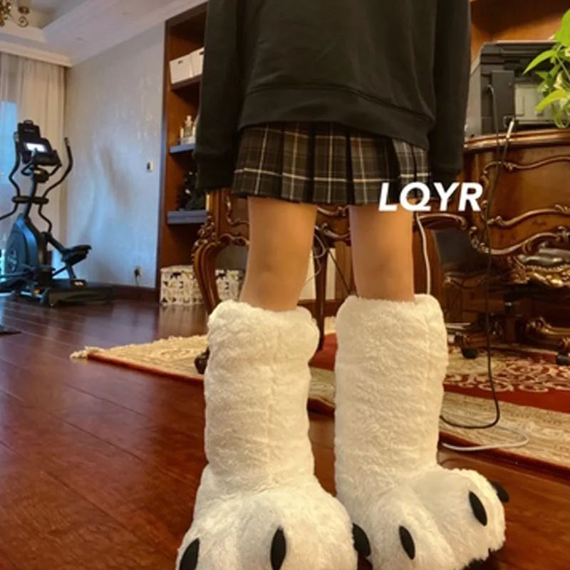 Winter Women Super High Boots Plush Bear Paws Slippers Platform Heel Indoor Floor Warm Slippers Floor Sock Boots