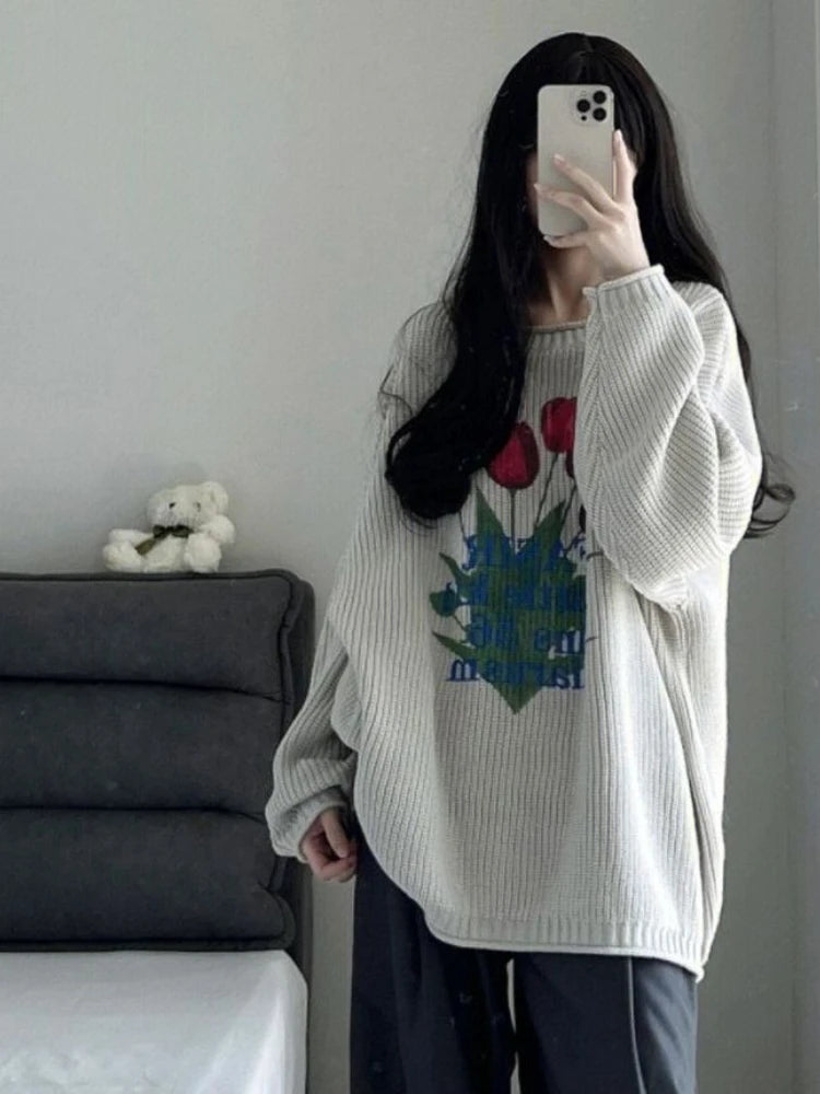 Deeptown Retro Knitted Sweater Women Harajuku Vintage Floral Print Jumper Loose Casual Long Sleeve O-neck Tops Y2K Clothes Sweet