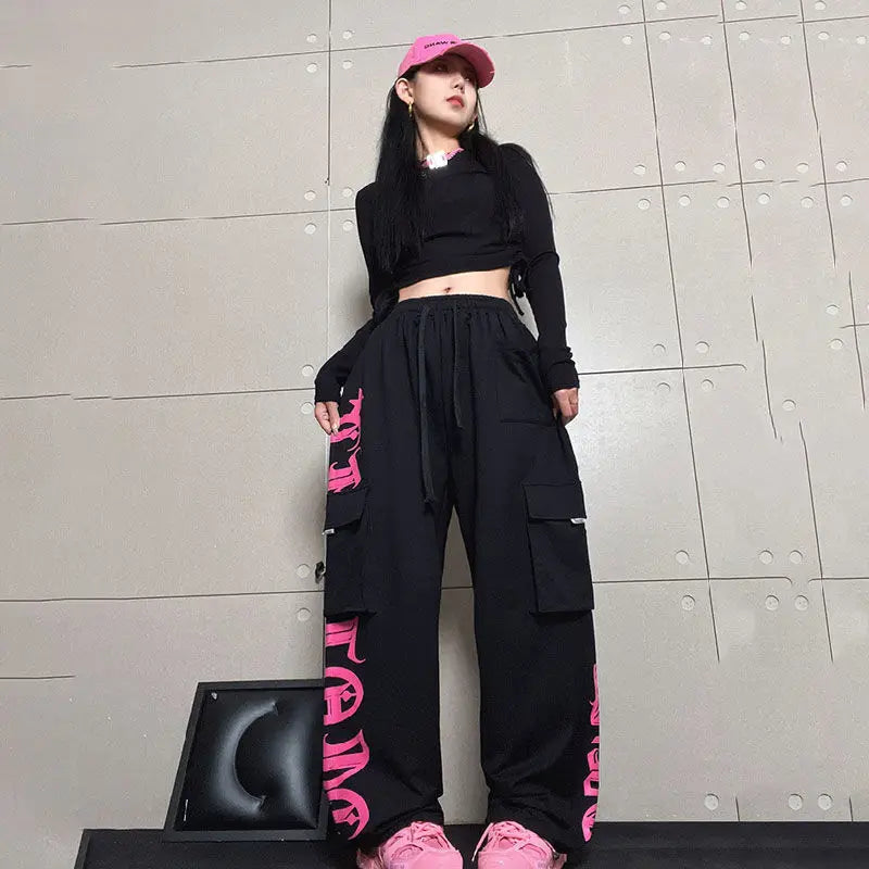 Retro Multi-Pocket Black Rose Pink Printed Overalls Trousers Female Personality Street Hip-Hop Loose Casual Dancing Sports Pants