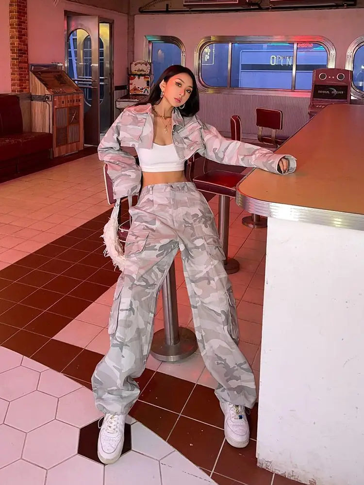 Women Casual Gray Camouflage Cargo Pants Y2K Spring Autumn 2023 Mid Waist Wide Leg Pockets Trousers Baggy Streetwear HipHop Pant