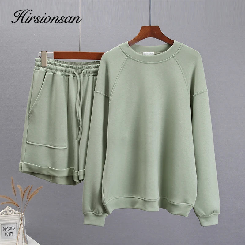 Hirsionsan Soft Cotton Sets Women 2022 New Casual Two Pieces Long Sleeve Sweatshirt & High Waist Shorts Solid Outfits Tracksuit