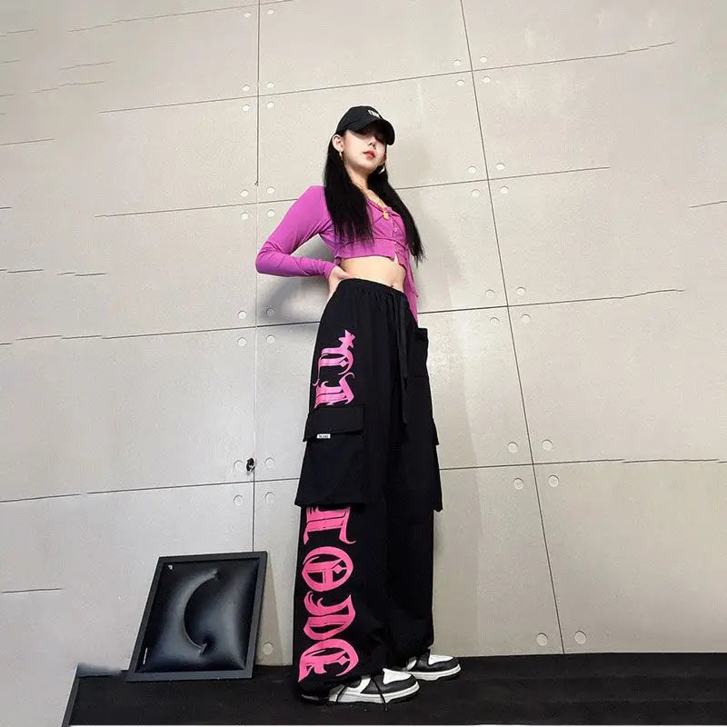 Retro Multi-Pocket Black Rose Pink Printed Overalls Trousers Female Personality Street Hip-Hop Loose Casual Dancing Sports Pants