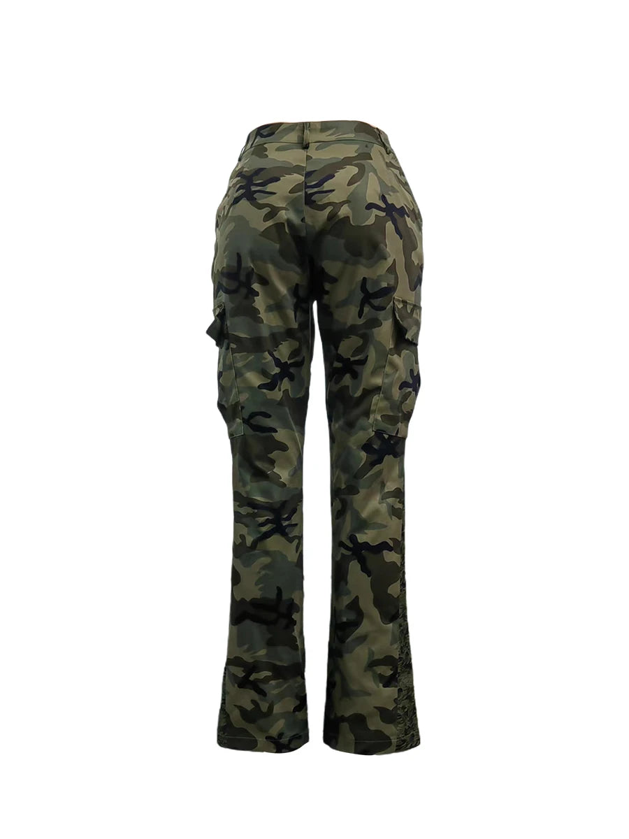 LW Plus Size Camo Print Side Pocket Cargo Pants camouflage Mid Waist Casual women Camo Pants Regular leisure lady Pants