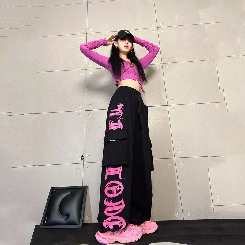 Retro Multi-Pocket Black Rose Pink Printed Overalls Trousers Female Personality Street Hip-Hop Loose Casual Dancing Sports Pants