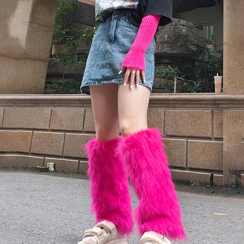 Furry Leg Warmers Y2K Goth White Faux Fur Leg Warmers Boot Covers Lady Cute Jk Knee-length Hipster Warm Sock Fashion Socks