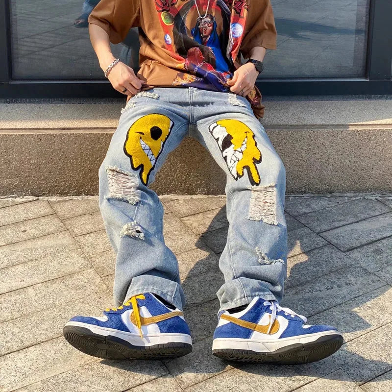 2022 Ropa Smiley Embroidery Hole Ripped Baggy Men Hip Hop Jeans Pants Y2K Clothes Straight Goth Denim Trousers Pantalones Hombre