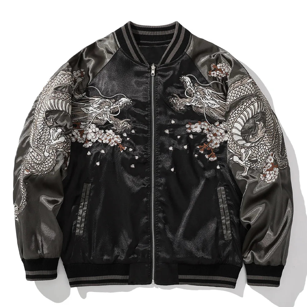 Men's Satin Jacket Hip Hop Streetwear Coats Chinese Style Dragon Embroidery Winter Jacket Parka Casual Fashion Baseball Uniform