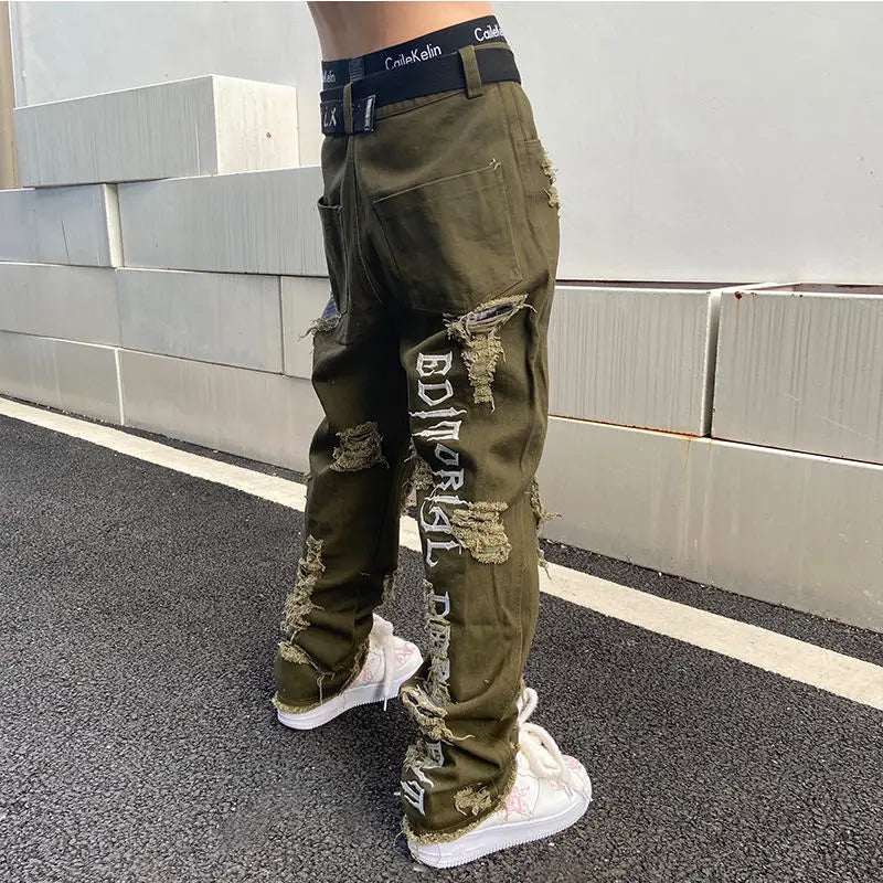 Streetwear Women and Mens Knife Ripped Jeans Embroidered Straight Loose Wide Leg Pants Hip Hop Cool Beggar Trousers Harem Pants