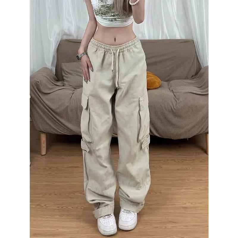 Women Big Pockets Cargo Pants Y2k High Elastic Waist Drawstring Baggy Trousers Vintage Casual Loose Side Zipper Straight Pants