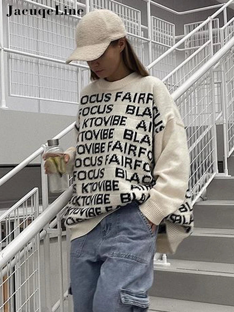 Jacuqeline y2k Letter Oversized Long Sweater Women Winter 2022 Long Sleeve Knitted Loose Pullover Casual Fashion Jumpers Tops