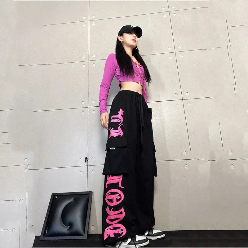 Retro Multi-Pocket Black Rose Pink Printed Overalls Trousers Female Personality Street Hip-Hop Loose Casual Dancing Sports Pants