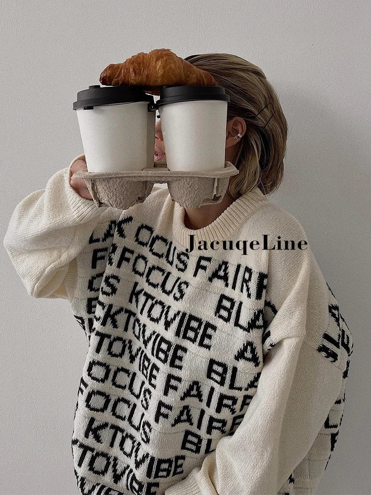 Jacuqeline y2k Letter Oversized Long Sweater Women Winter 2022 Long Sleeve Knitted Loose Pullover Casual Fashion Jumpers Tops