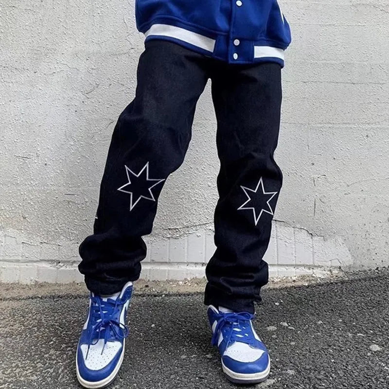 2022 Vibe Style Letter Star Print Streetwear Men Hip Hop Jeans Trousers Straight Baggy Denim Pants New Fashion Pantaloni Uomo