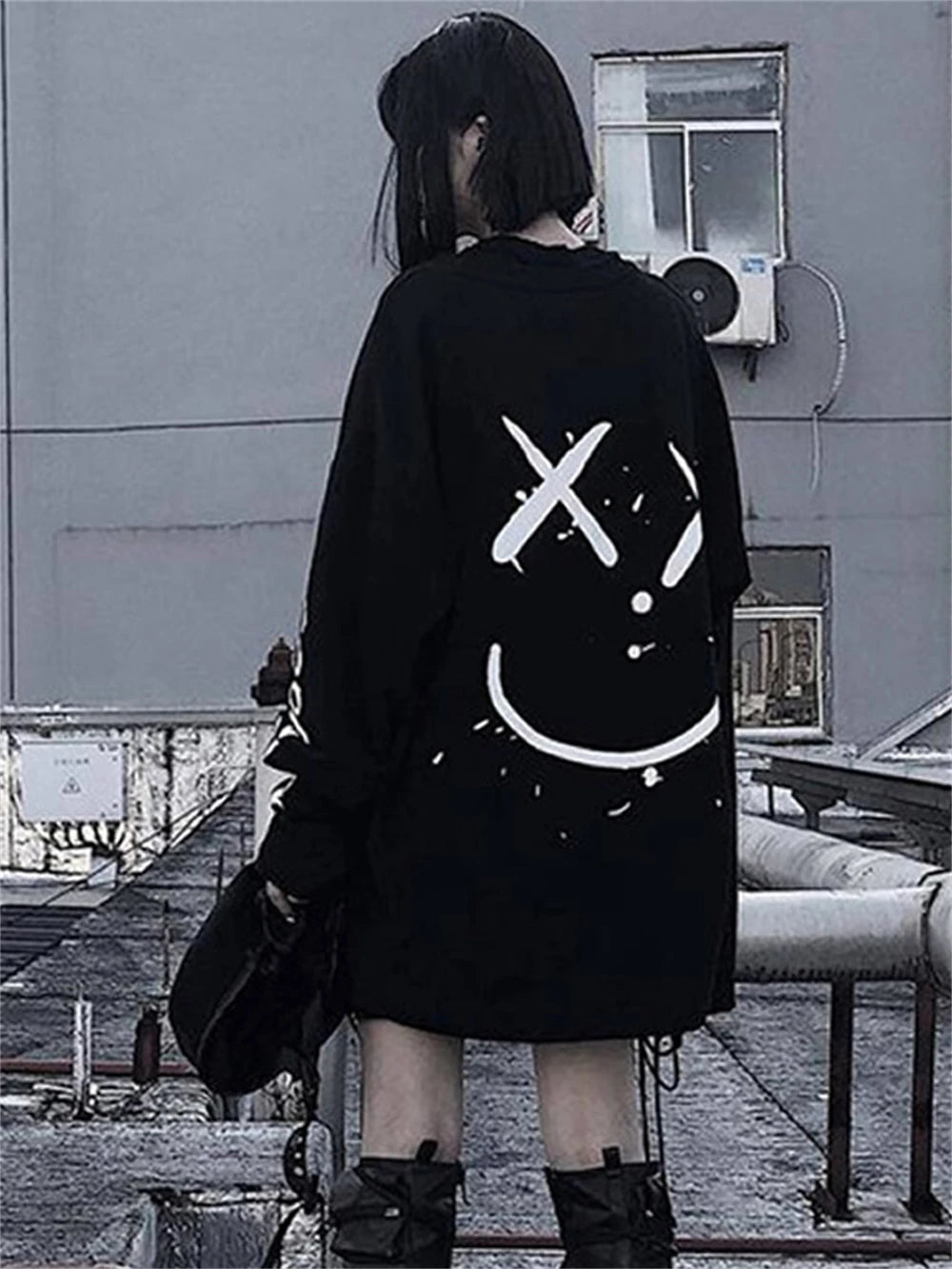 Harajuku Women Alt Emo Tshirts Oversized Long Sleeve E Girl Pullovers Hip Hop Punk Streetwear Tees Black Loose T-Shirt Clothes