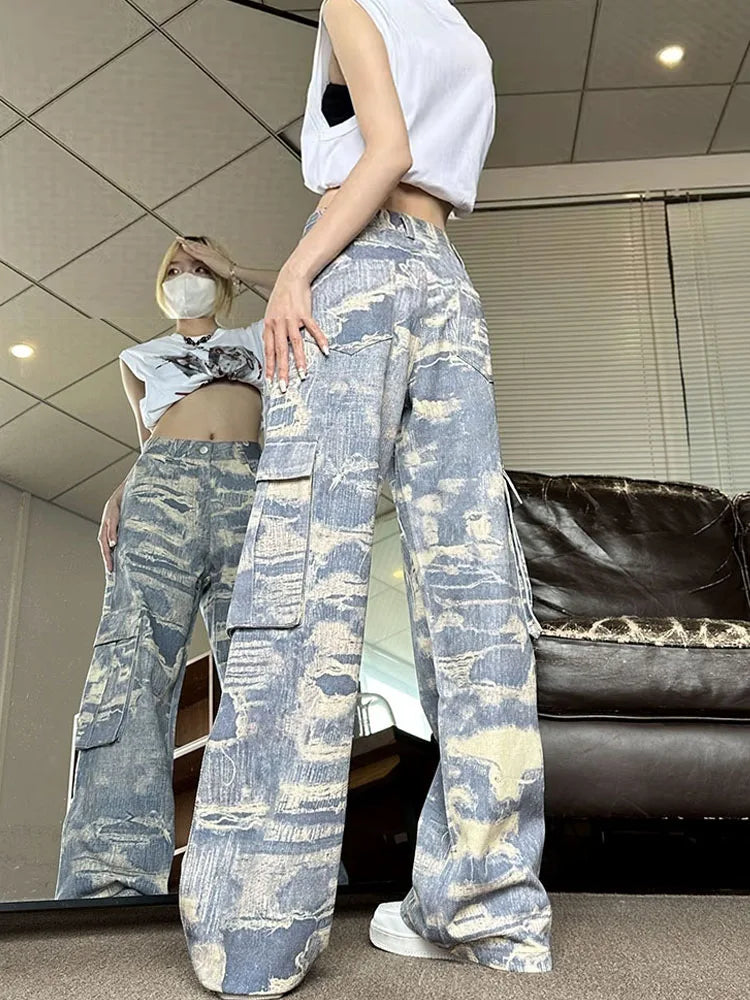 Japanese Streetwear Tie Dyed Cargo Pants Harajuku Fashion Baggy Wide Pants Hiphop Chic Blue Loose Casual Long Trousers Clubwear