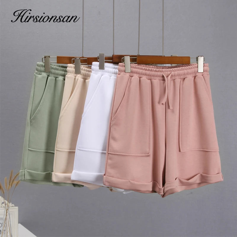 Hirsionsan Soft Cotton Sets Women 2022 New Casual Two Pieces Long Sleeve Sweatshirt & High Waist Shorts Solid Outfits Tracksuit