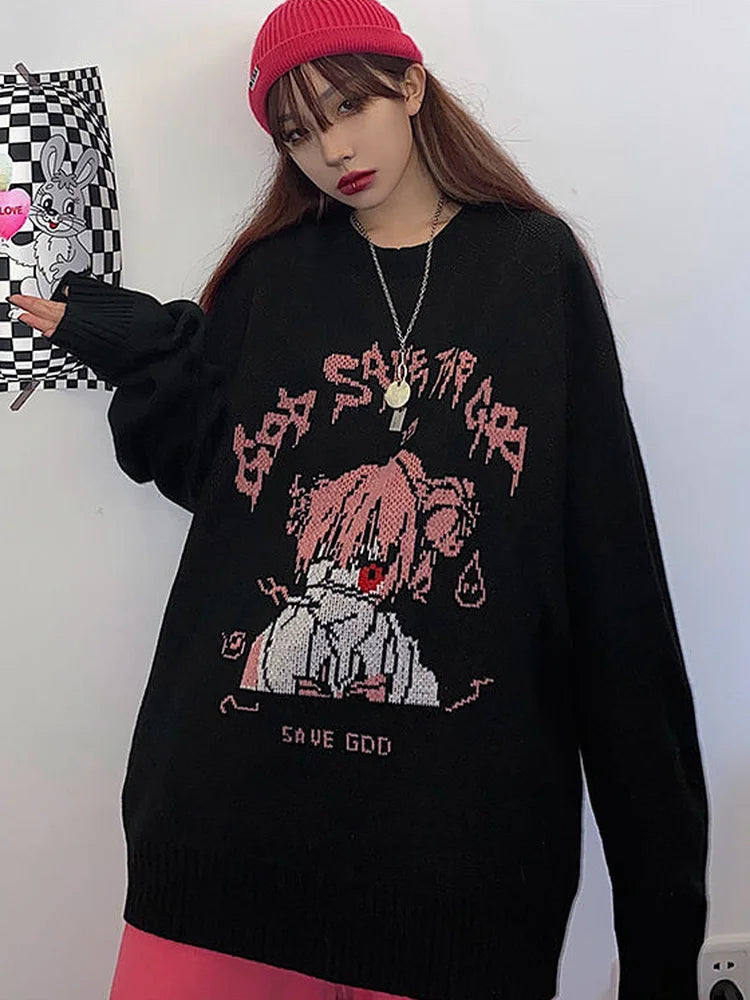 Woherb Black Sweater Women Harajuku Cartoon Girl Print Knitted Pullover 2023 Y2k Fashion Pull Femme Punk Korean Ulzzang Jumper