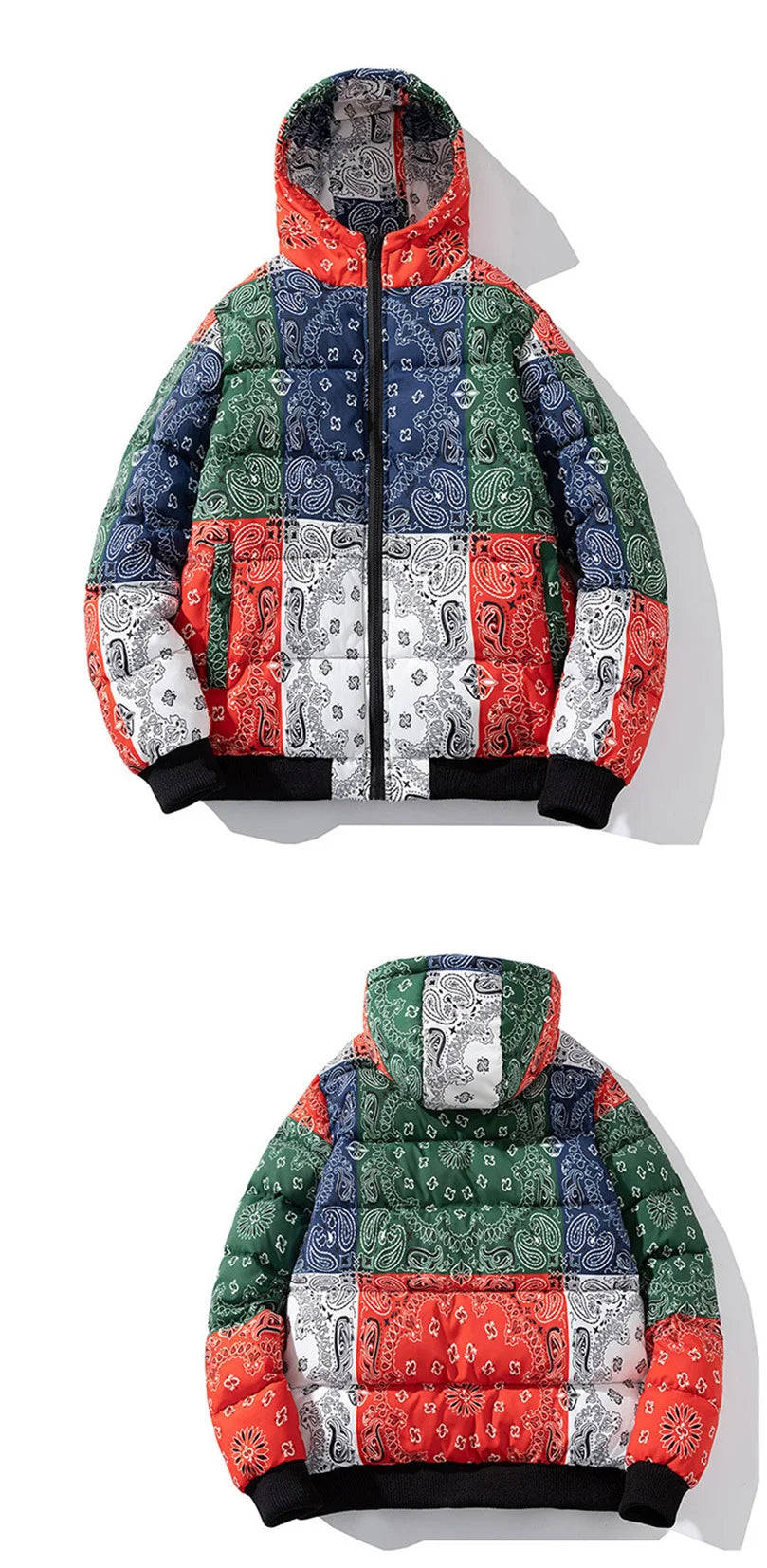 2022 New Winter Jacket Men Bandana Print Patchwork Cotton Padded Coat Thick Warm Hooded Varsity College University Outerwear