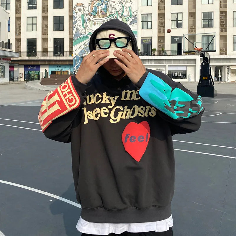 Kanye West Graffiti Letters Print Sweatshirt Lucky Me I See Ghosts Men's Women's Long Sleeve Hip Hop Tops Casual Hoodie Clothes