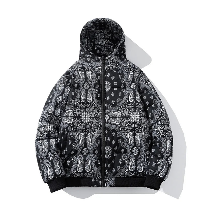 2022 New Winter Jacket Men Bandana Print Patchwork Cotton Padded Coat Thick Warm Hooded Varsity College University Outerwear