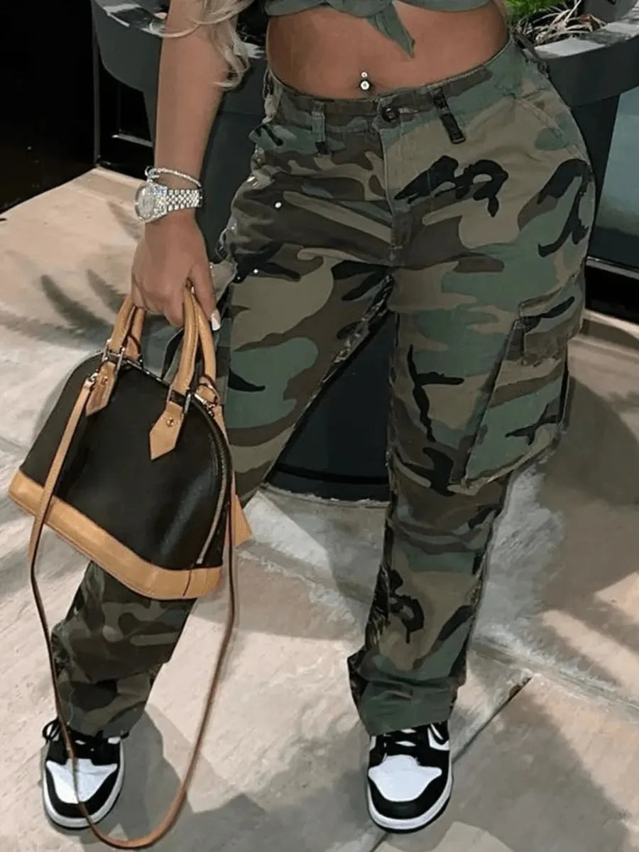 LW Plus Size Camo Print Side Pocket Cargo Pants camouflage Mid Waist Casual women Camo Pants Regular leisure lady Pants