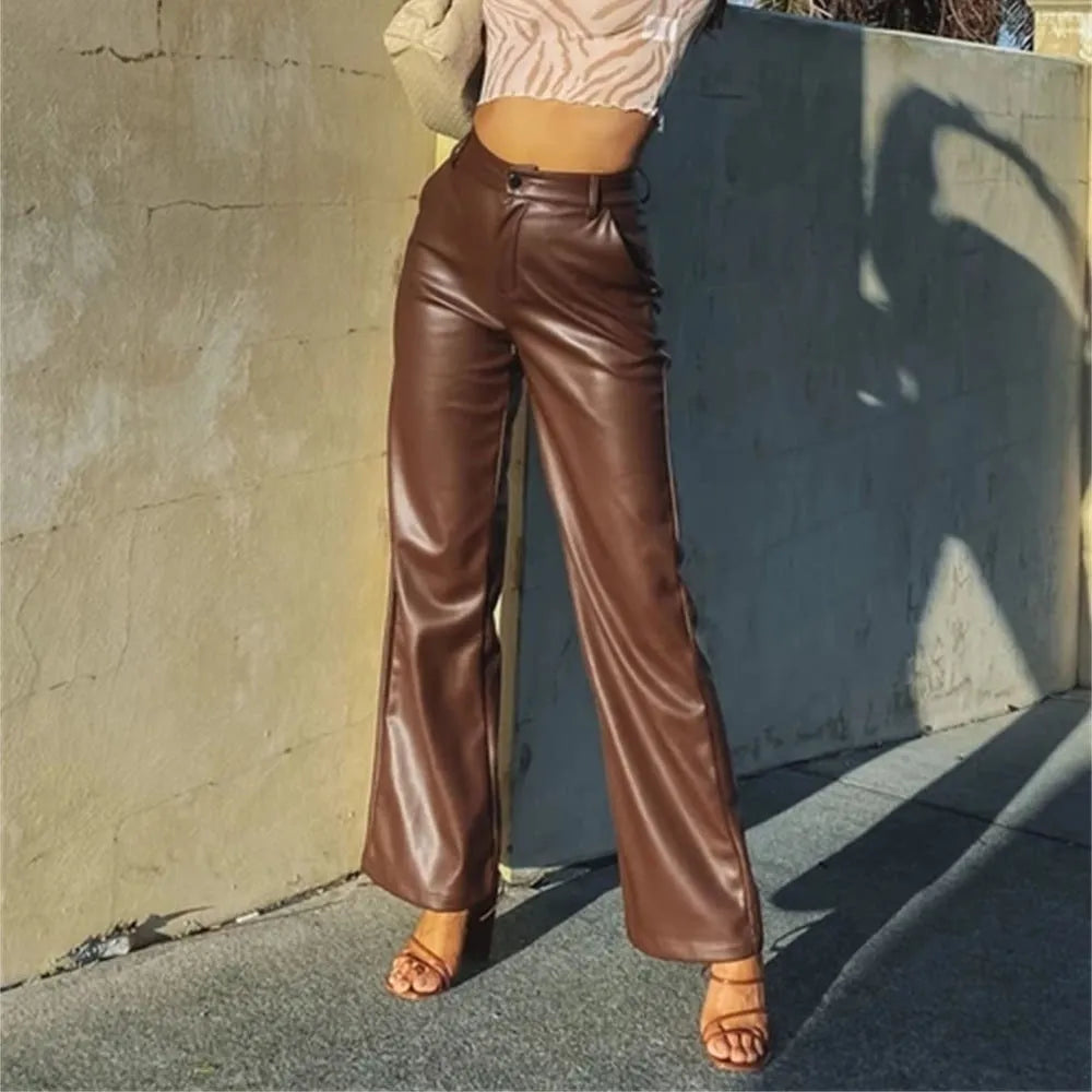 Europe, America, Autumn and Winter PU Leather Slim High Waist Straight Women Elegant Fashion Street women's Leather Pants.