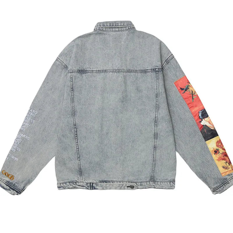 Van Gogh Embroidery Men Denim Jacket Hip Hop Kanye Harajuku Gengar Human Made Kapital Coat Oversized Varsity Jacket Chaquetas