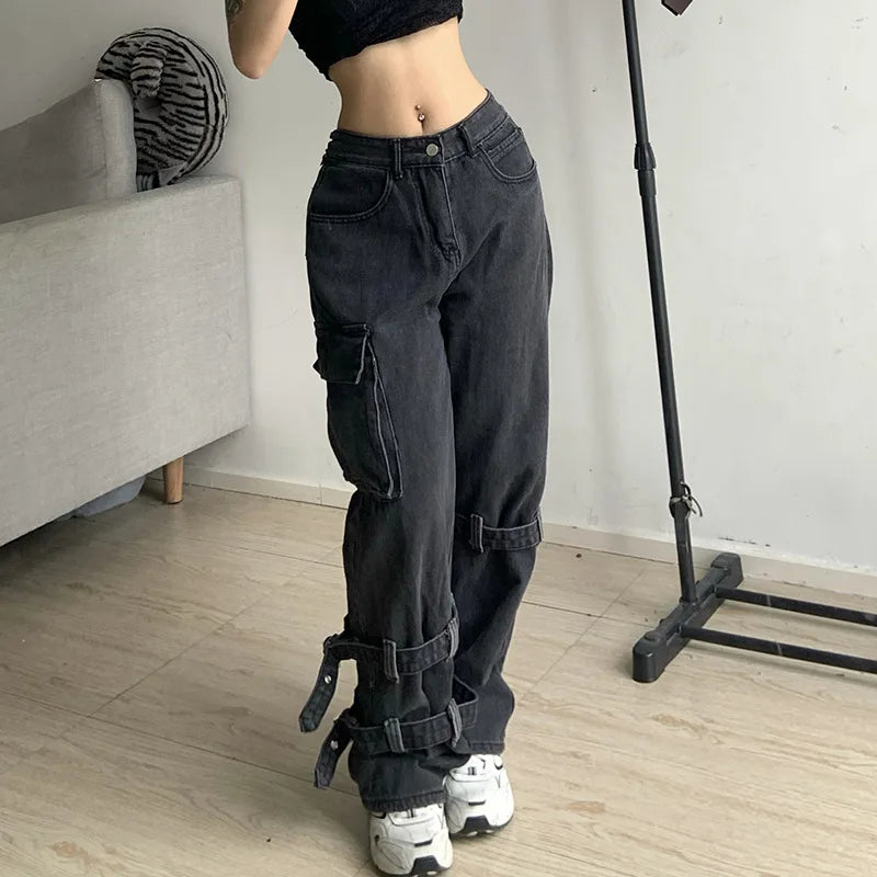 Goth Chic Low Waist Jean Retro Grunge Oversized Women's Fashion Streetwear Harajuku Strap Pocket Retro Skinny Jean denim joggers