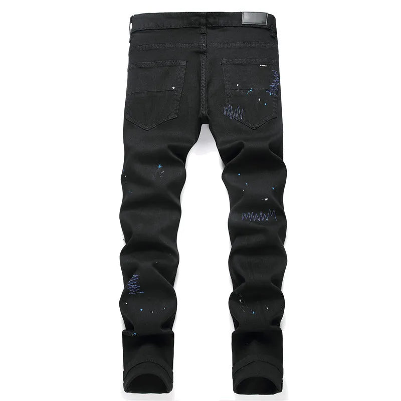 Street Y2k Jeans Men Embroidery Ripped Jean Hiphop Punk Style Streetwear Pants for Male Slim Stretch Pencil Pantalones Black New